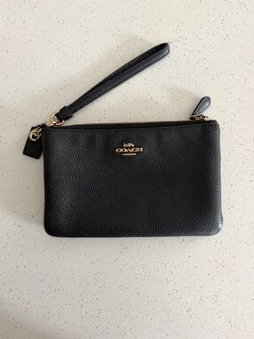 Coach Black Pebbled Leather Wristlet with Gold Logo